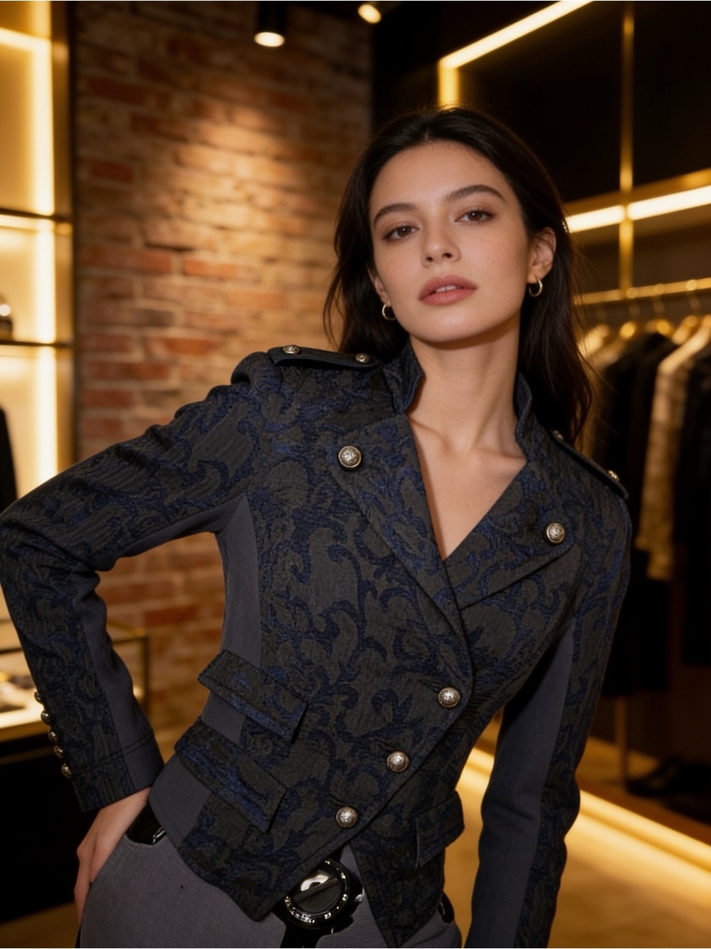 Free People Navy and Charcoal Textured Military-Style Blazer